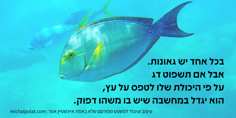 דג במים ולידו הציטוט: בכל אחד יש גאונות. אבל אם תשפוט דג על פי היכולת שלו לטפס על עץ, הוא יגדל במחשבה שיש בו משהו דפוק.